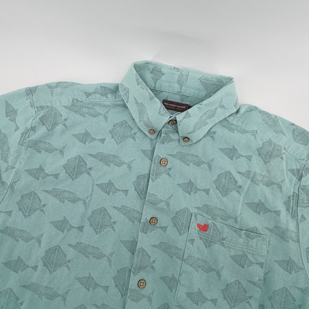 Southern Marsh Fish Print Short Sleeve Button Down Shirt Large Blue Coastal Mens